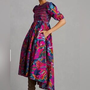FARM Rio Rainbow Macaws Smocked Puff Sleeve Midi Dress